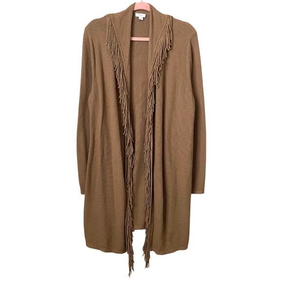 J. Jill Cardigan Womens Medium Tan Fringe Belted Duster Sweater Western Cowgirl - Picture 1 of 11